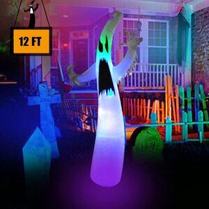 BLOWOUT FUN 12ft Halloween Inflatable Decoration White Ghost LED Blow Up Lighted